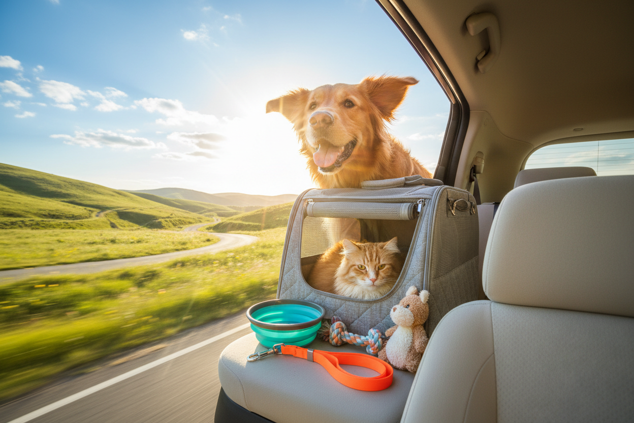Dog and cat traveling safely in a car using pet travel accessories