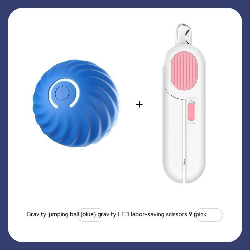 Blue gravity ball and white scissors with pink accents on a white background