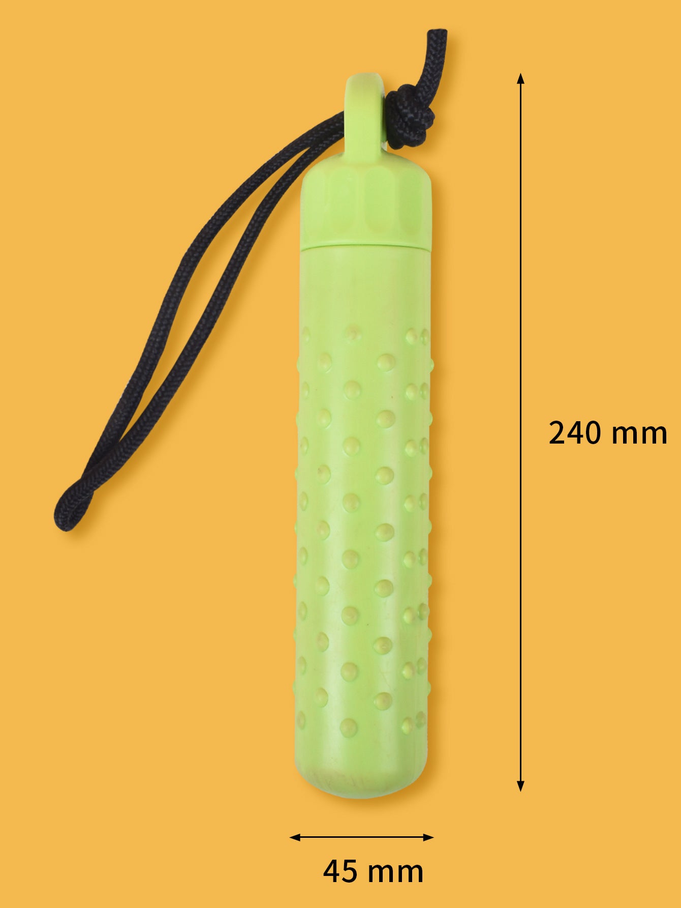 Side view of floating dog ball toy with attached rope