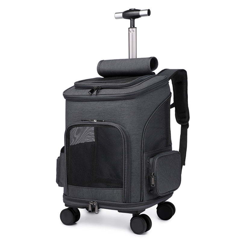 Black pet carrier with wheels on a white background