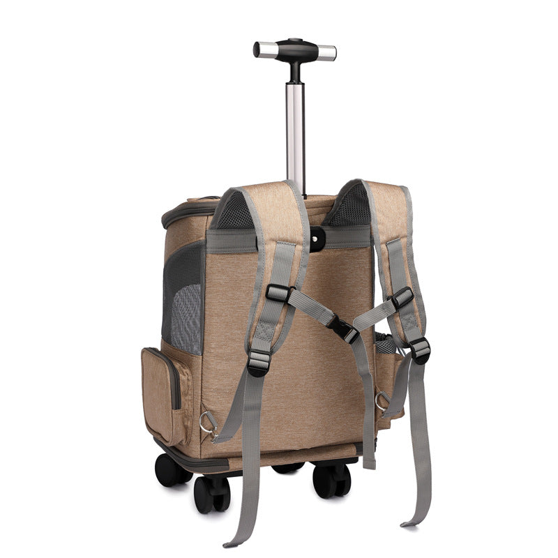 Beige and gray rolling backpack with straps on a white background