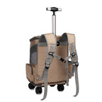 Beige and gray rolling backpack with straps on a white background