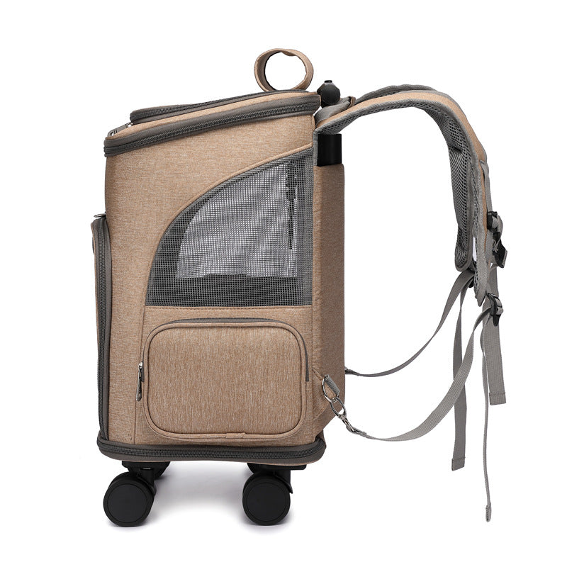 Brown pet carrier backpack with wheels on a white background