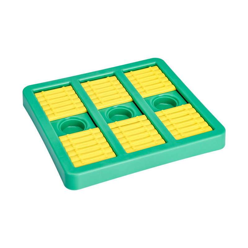 Dog puzzle toy with sliding compartments on white background