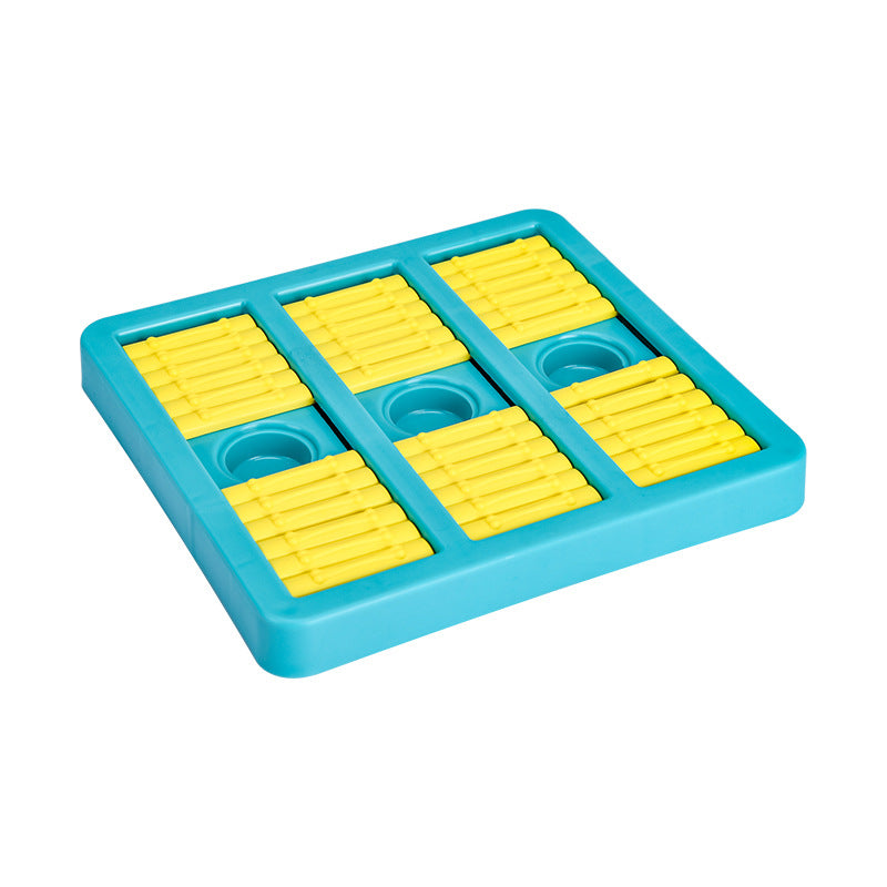 Dog puzzle toy with sliding compartments shown from side angle
