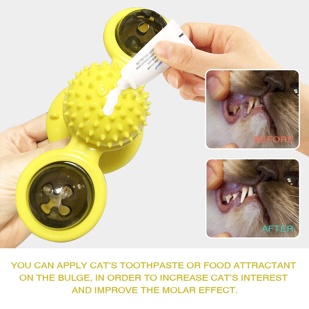 Yellow pet toy with a hand applying cat toothpaste, showing before and after effects on a cat's teeth.