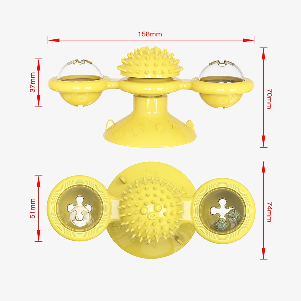 Yellow pet toy with dimensions labeled on a white background