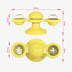Yellow pet toy with dimensions labeled on a white background