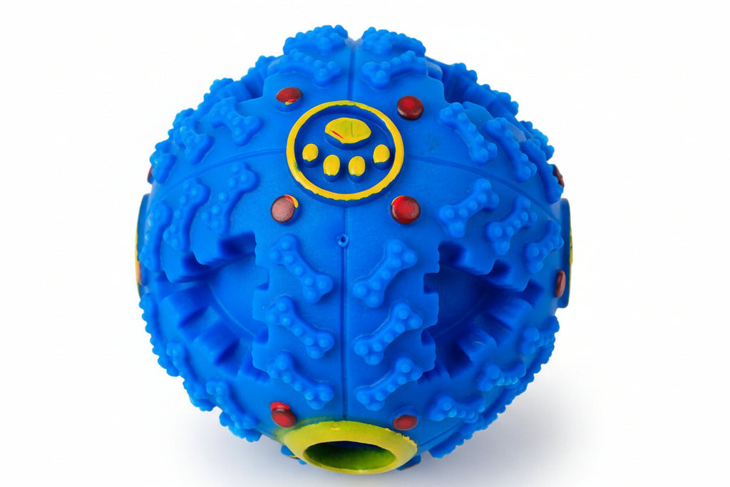 dog chewing food dispenser toy for boredom relief