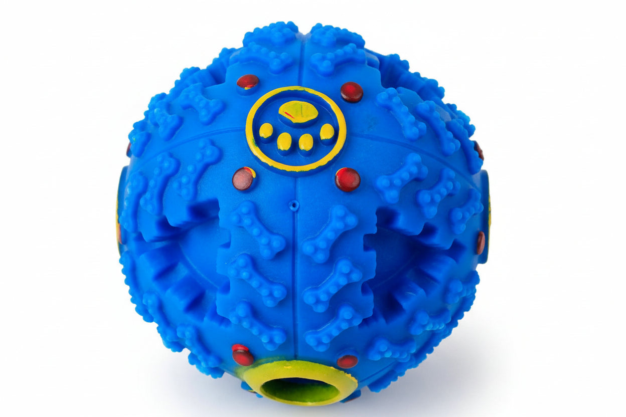 dog chewing food dispenser toy for boredom relief