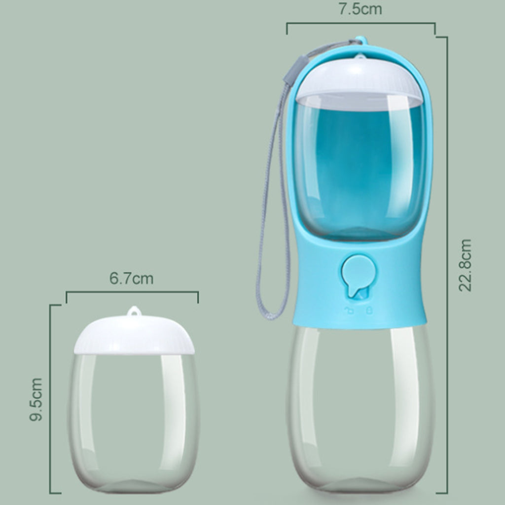 Dog water bottle with food container shown from side angle

