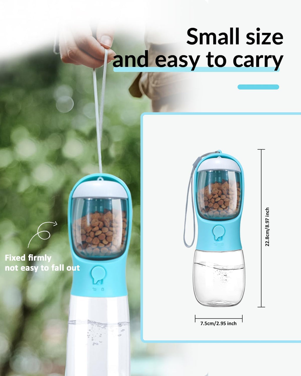 Lightweight dog water bottle with dry food container