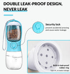 Dog water bottle with built-in food container on white background