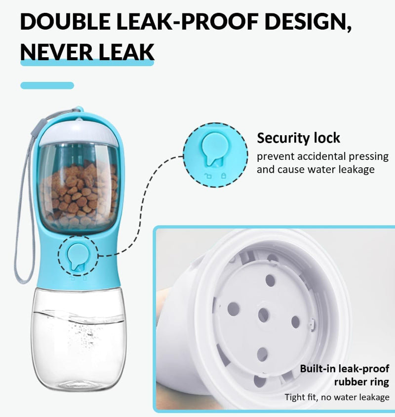 Dog water bottle with built-in food container on white background