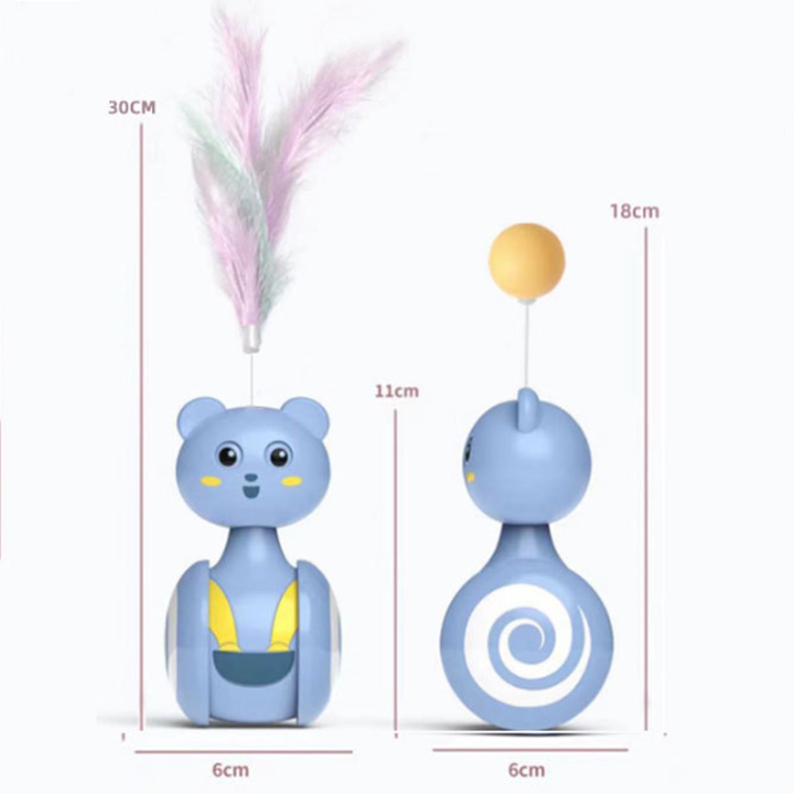 Close-up of feather and rolling ball detail on cat toy