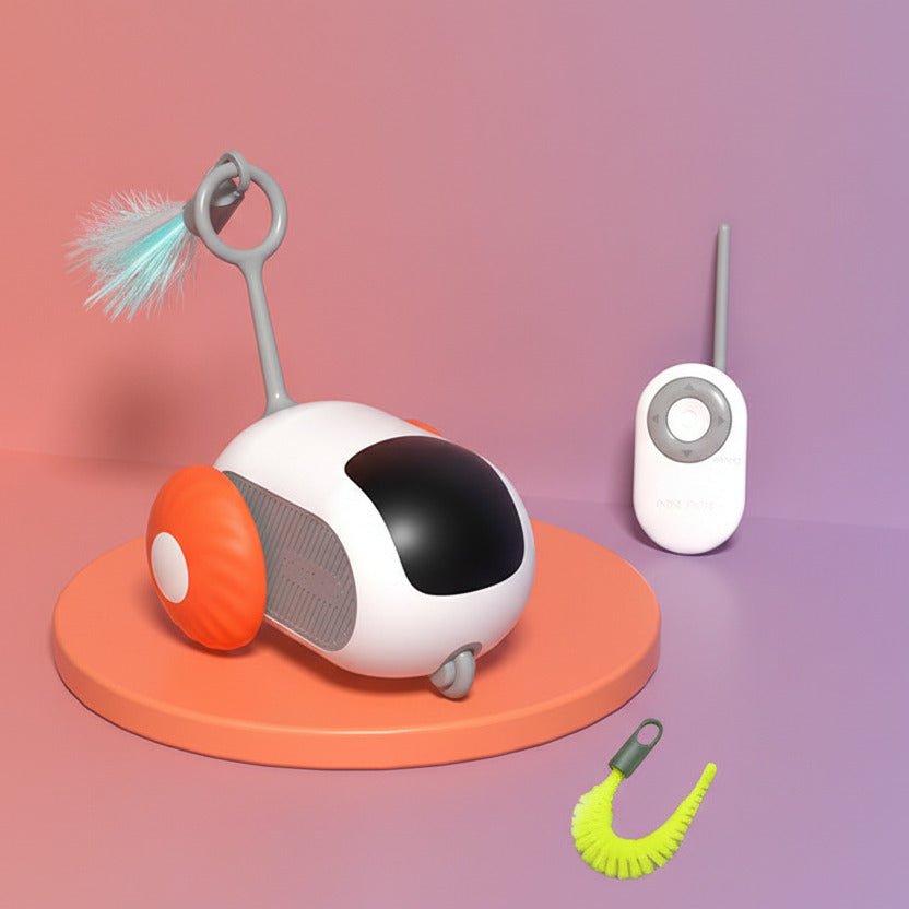 Pet toy with remote control on a blue background, featuring the brand 'orange'.