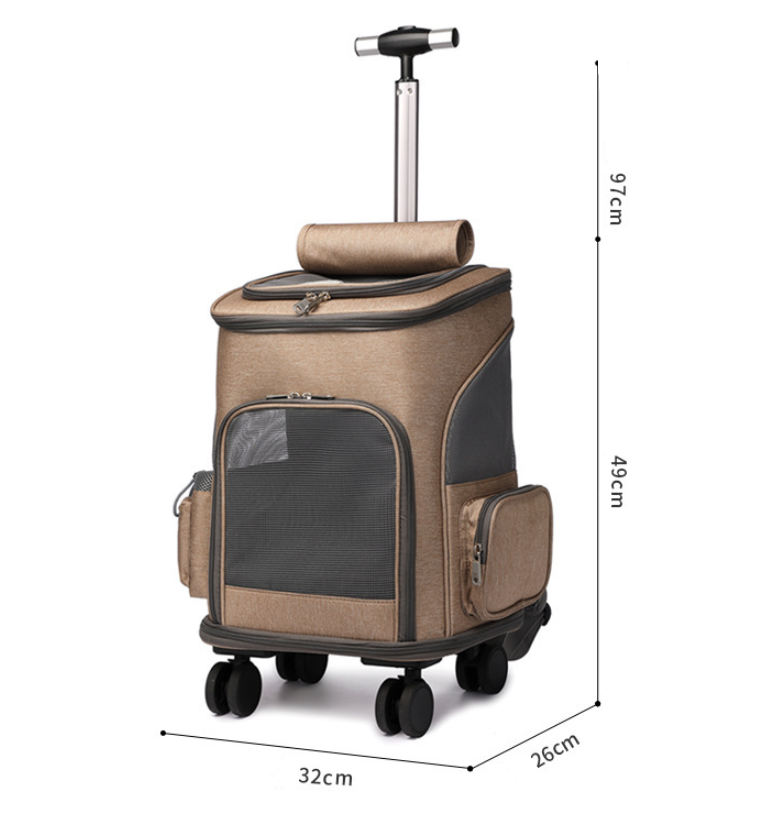 Brown pet carrier with wheels and dimensions on a white background