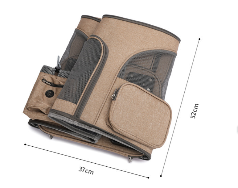 Folded brown and gray bag with dimensions indicated on a white background