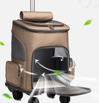 Brown pet travel carrier with wheels on a white background