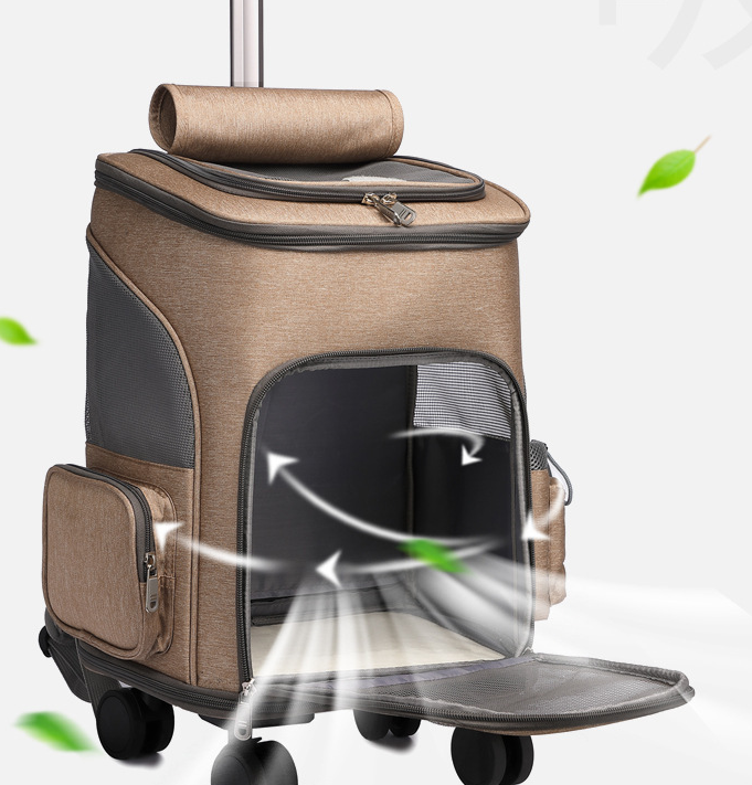 Brown pet travel carrier with wheels on a white background