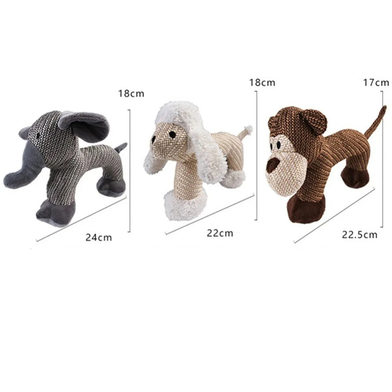 Knitted toys with measurements on a white background
