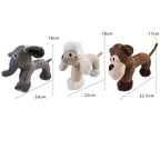 Knitted toys with measurements on a white background