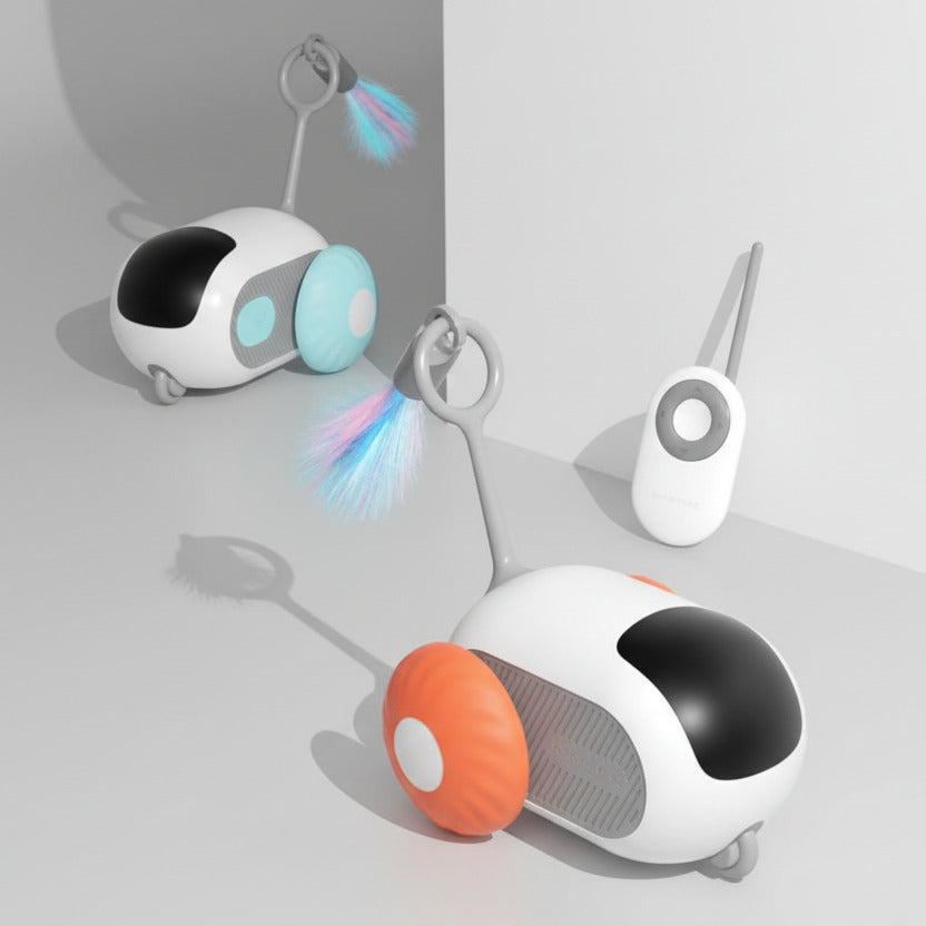 Three robot-like devices on a blue and orange background