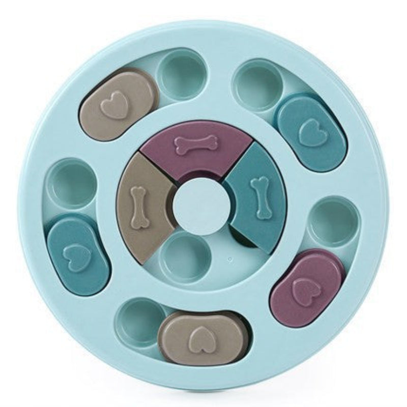 Blue pet puzzle toy with various shapes and patterns on a white background