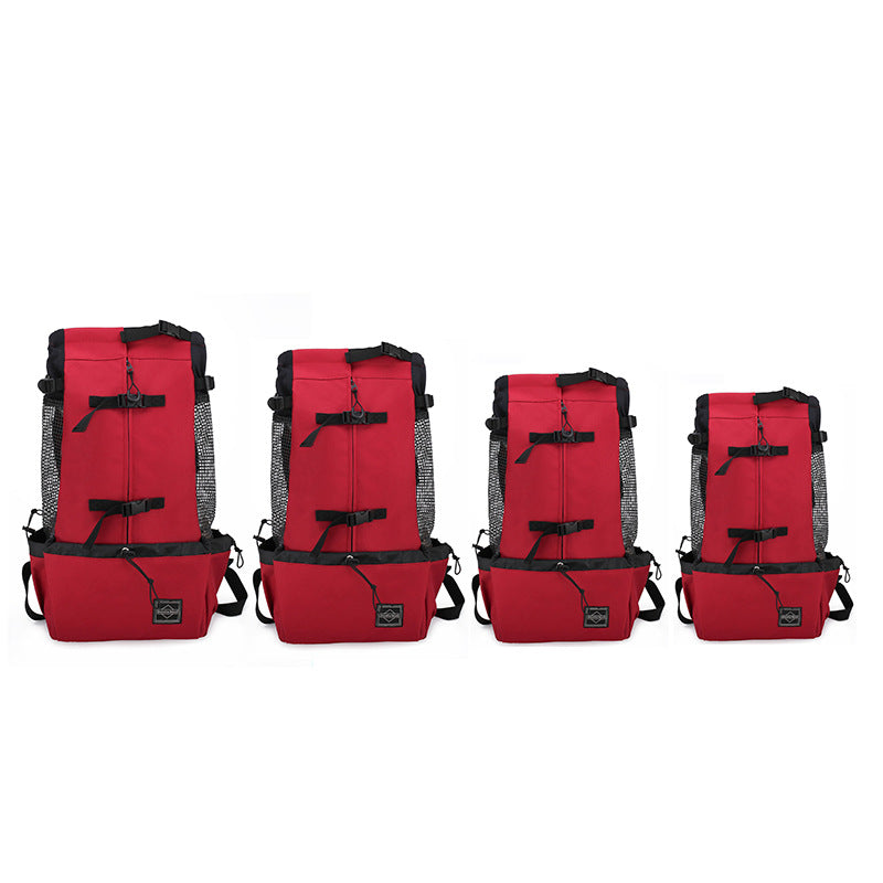 Four red backpacks with black straps on a white background