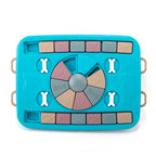 Colorful dog puzzle toy with various shapes on a white background