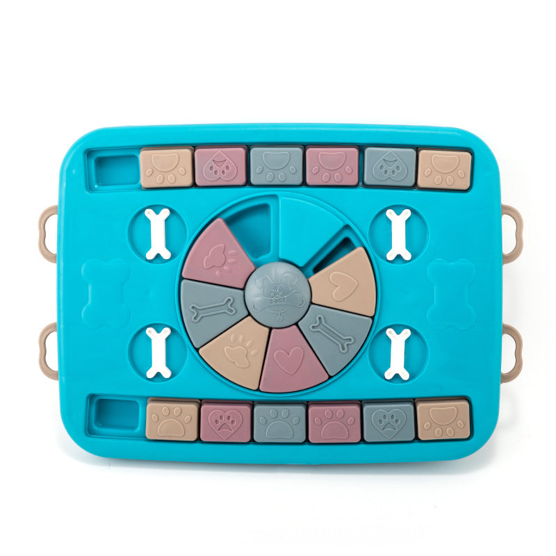 Colorful dog puzzle toy with various shapes on a white background