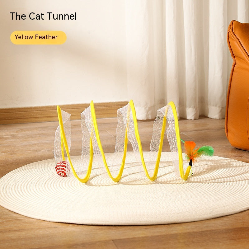 Folded cat tunnel toy shown with curved fabric tunnel sections