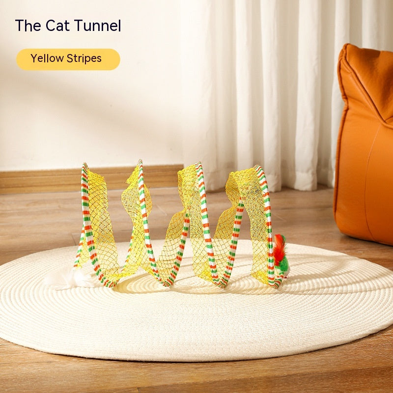 Folded cat tunnel toy showing full tunnel structure and stitching details