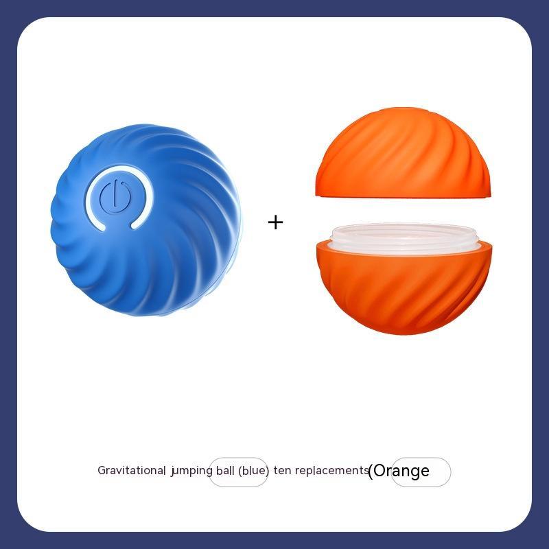 Blue gravitational jumping ball and orange container with white interior on a light gray background