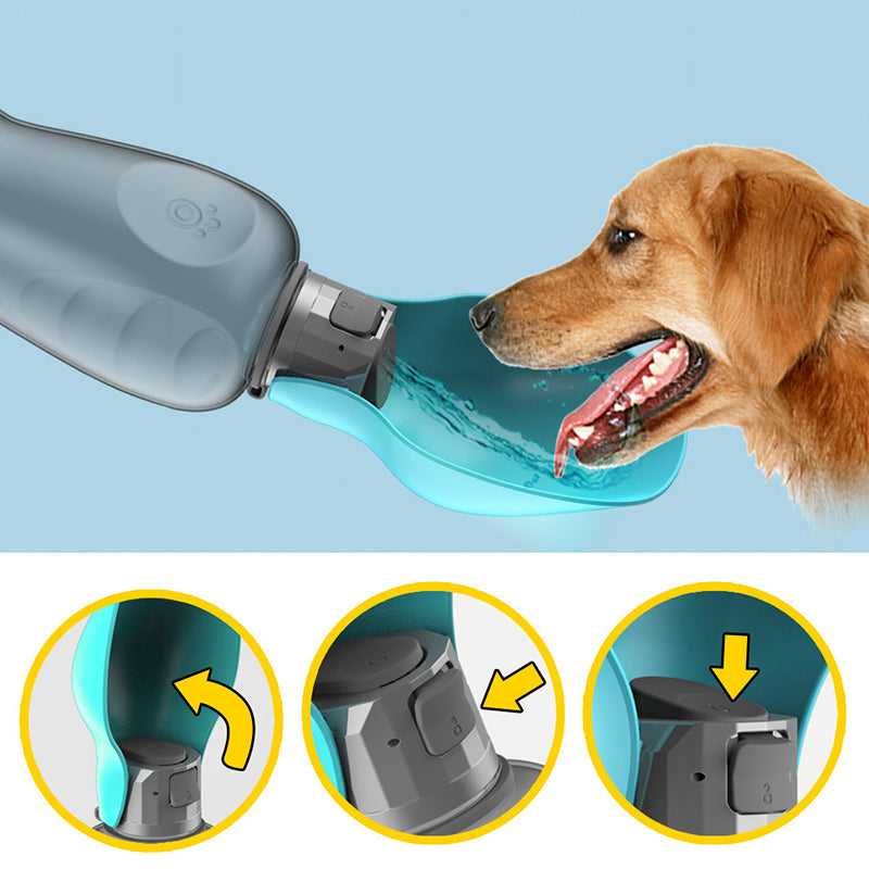 Dog water bottle with foldable drinking bowl shown from side angle
