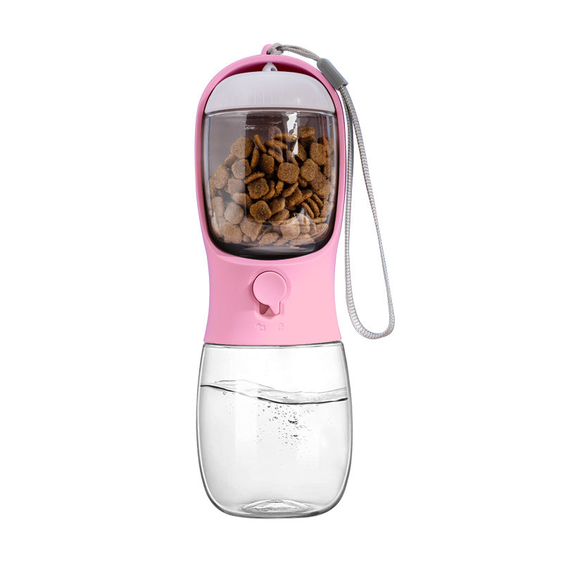 Portable puppy water bottle and food dispenser on outdoor walk