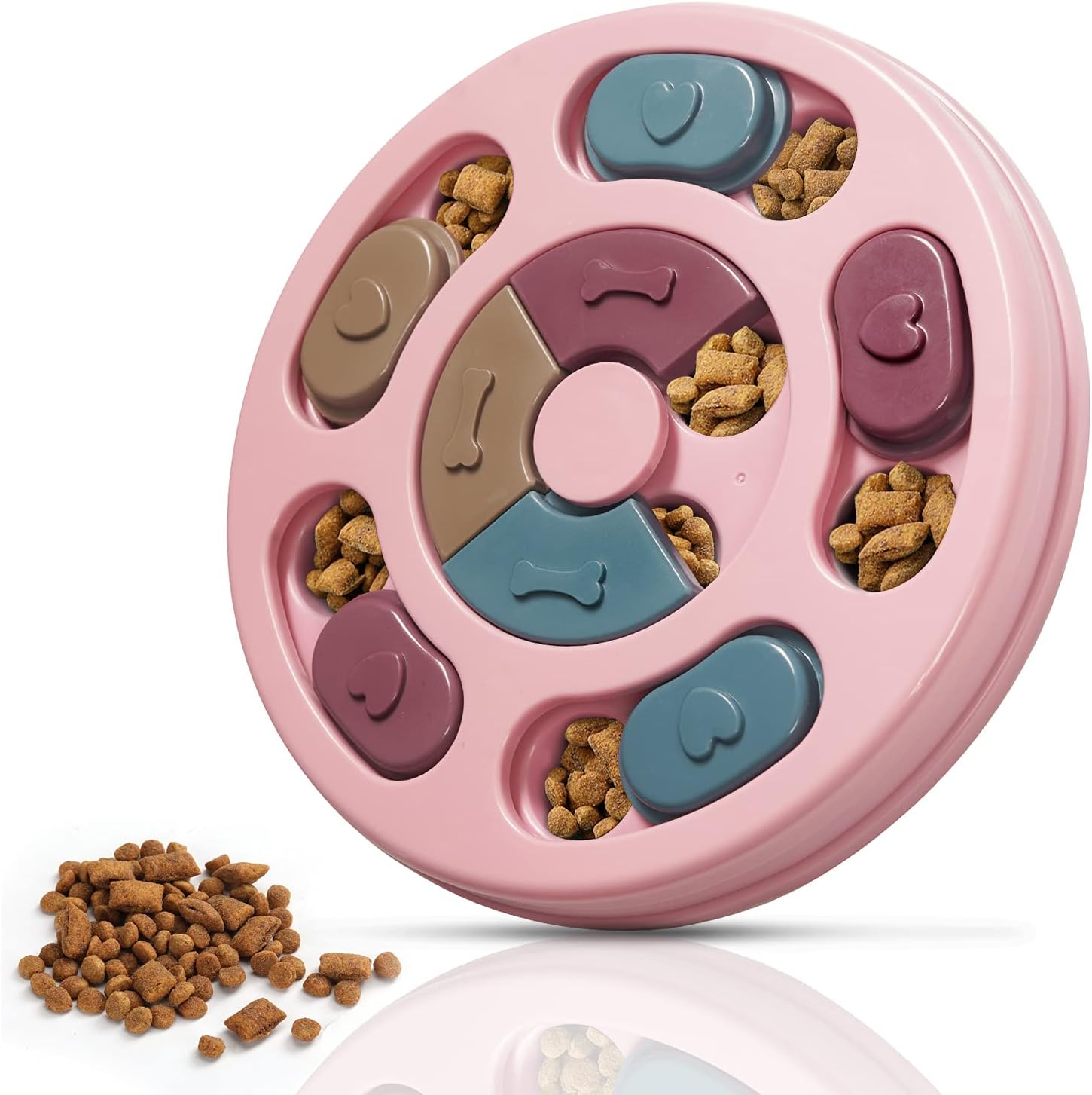 Pink dog puzzle toy with compartments filled with kibble on a white background