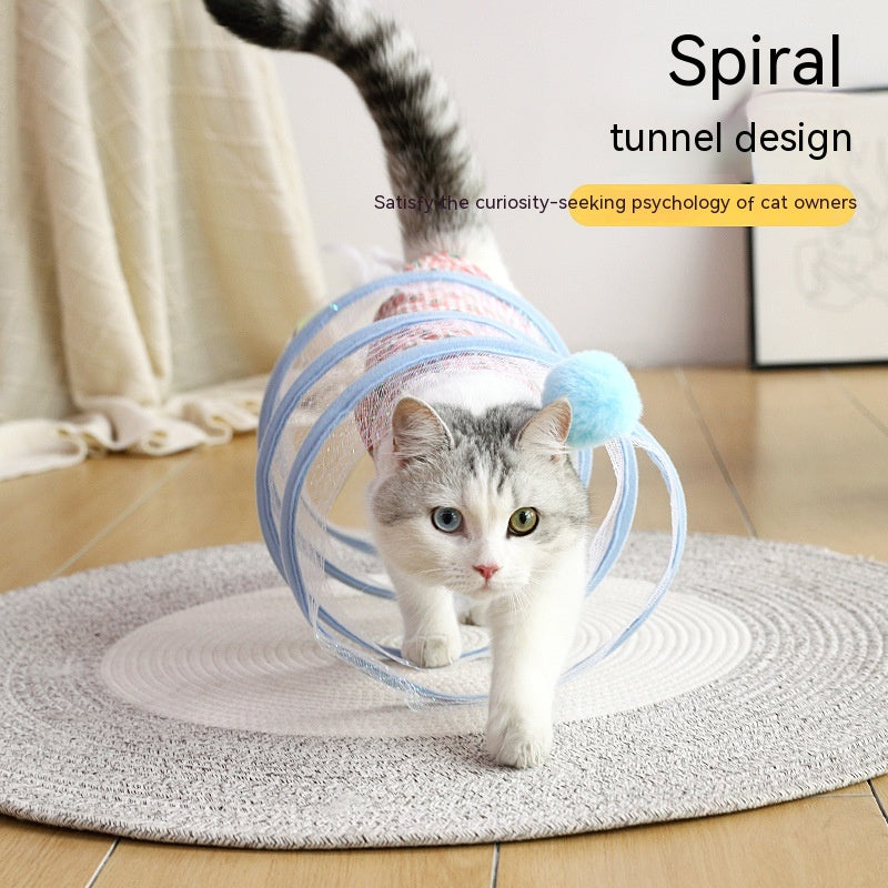 Folded cat tunnel toy shown fully opened with fabric tunnel structure