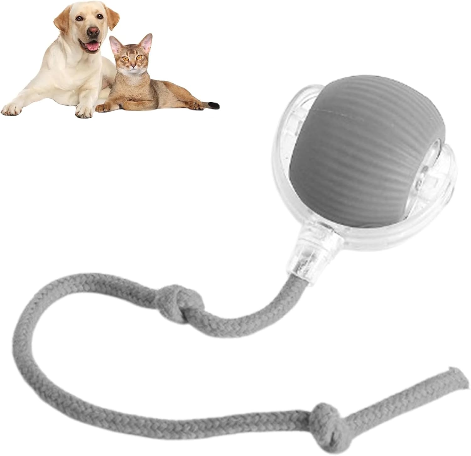 Gray pet toy with rope and ball, featuring a dog and cat on a white background