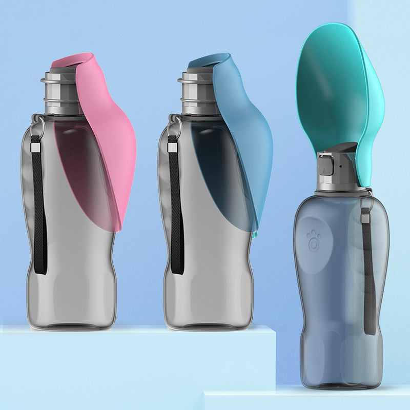 Three water bottles with colorful caps on a light blue background