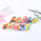 Colorful cotton rope ball dog toys with handles for interactive chewing and dental care, ideal for puppies and small dogs.
