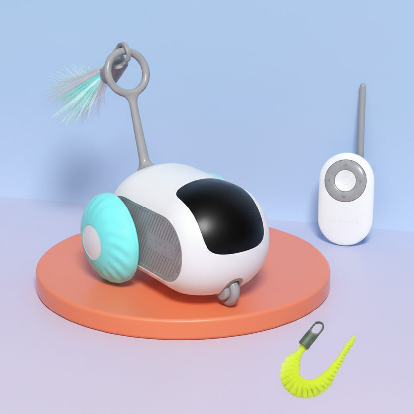 Toy robot with remote control on a blue background