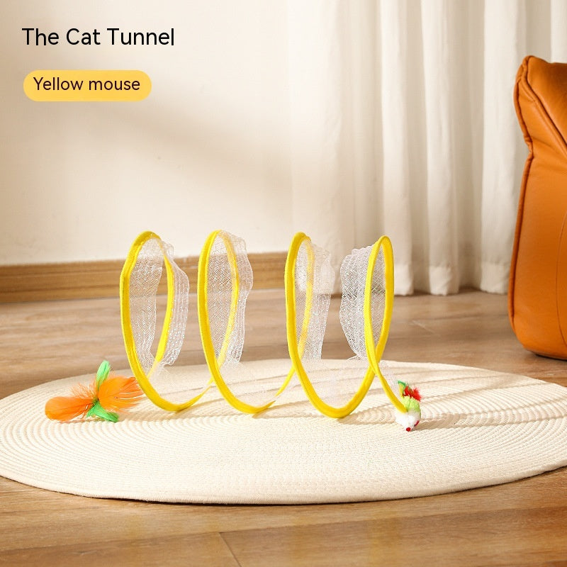 Folded cat tunnel toy placed on indoor floor surface