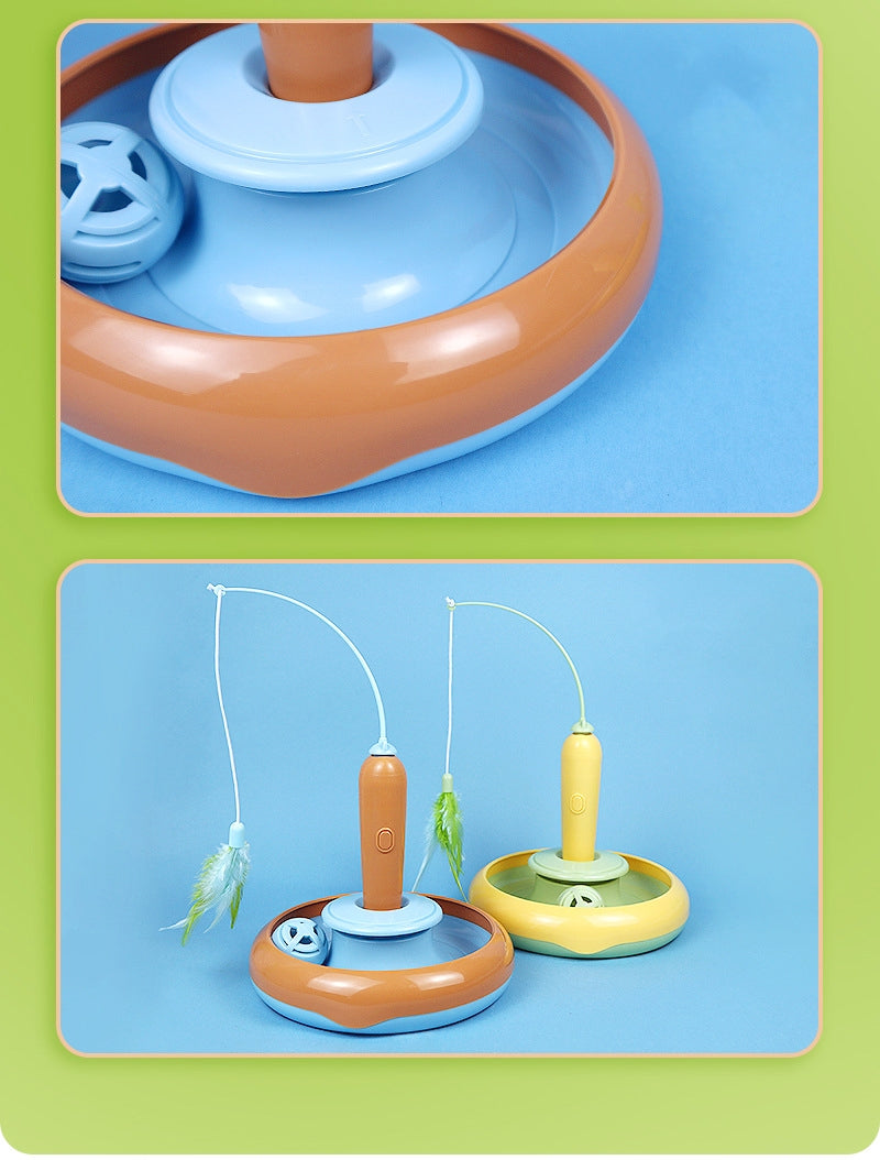 2-in-1 Interactive Cat Toy with Feather – Self-Play Turntable Cat Enrichment Toy for Indoor Cats