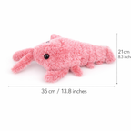 Pink plush toy with dimensions on a white background