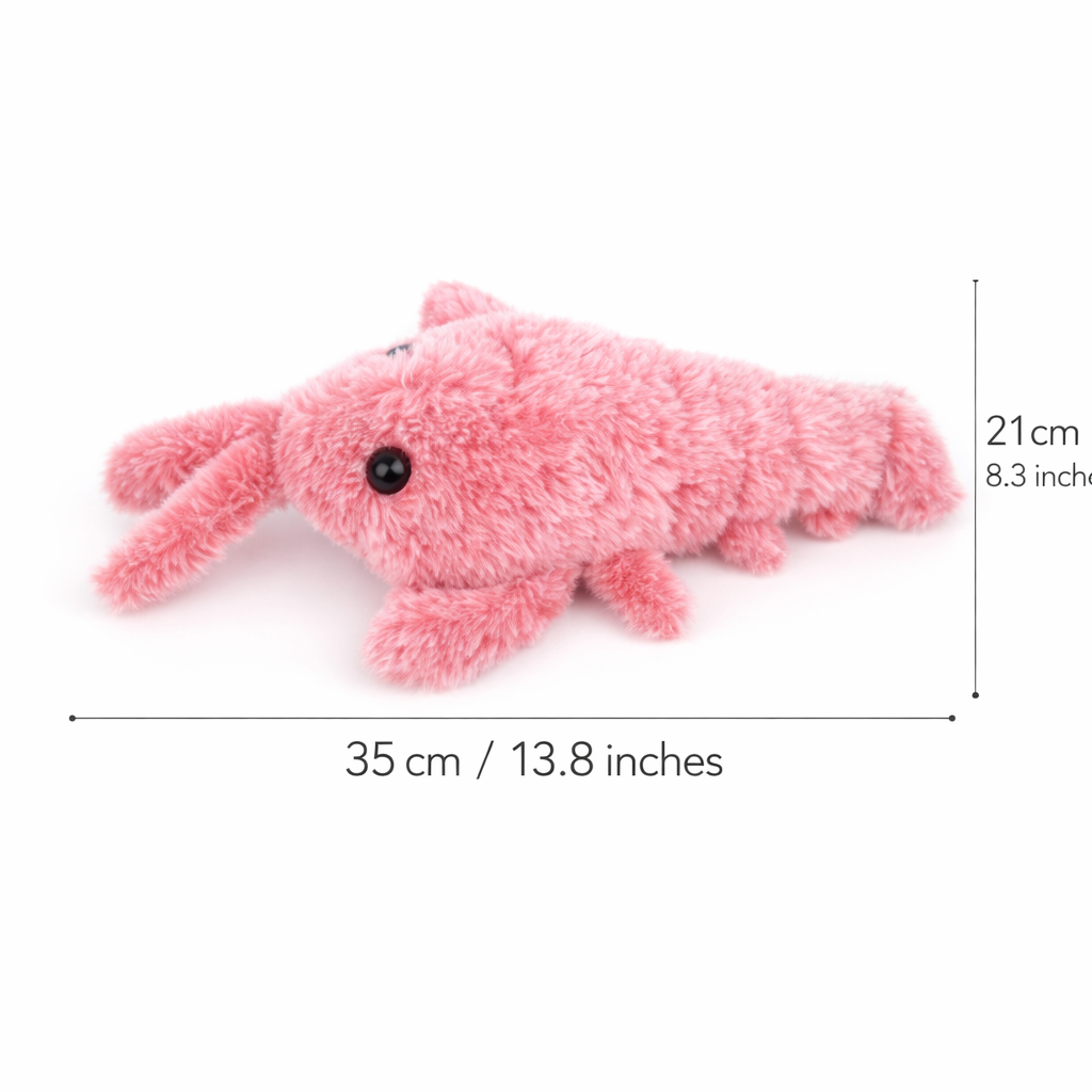 Pink plush toy with dimensions on a white background