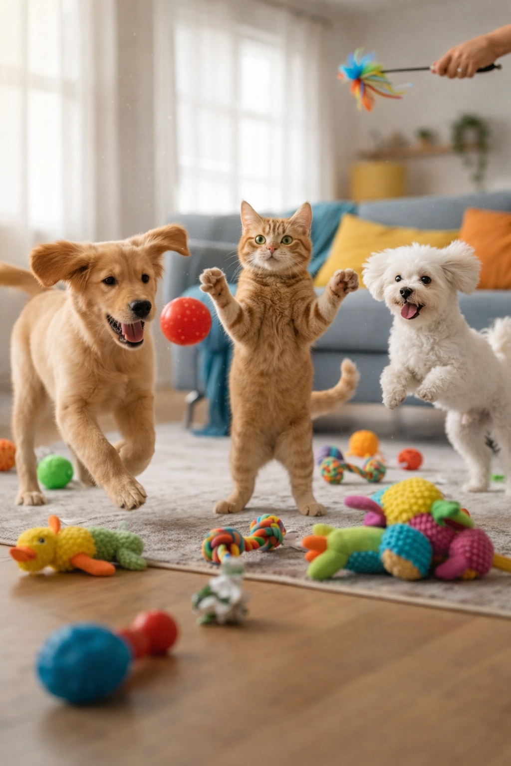 Dogs and a cat playing with interactive pet toys in a bright living room, showcasing indoor dog and cat enrichment toys