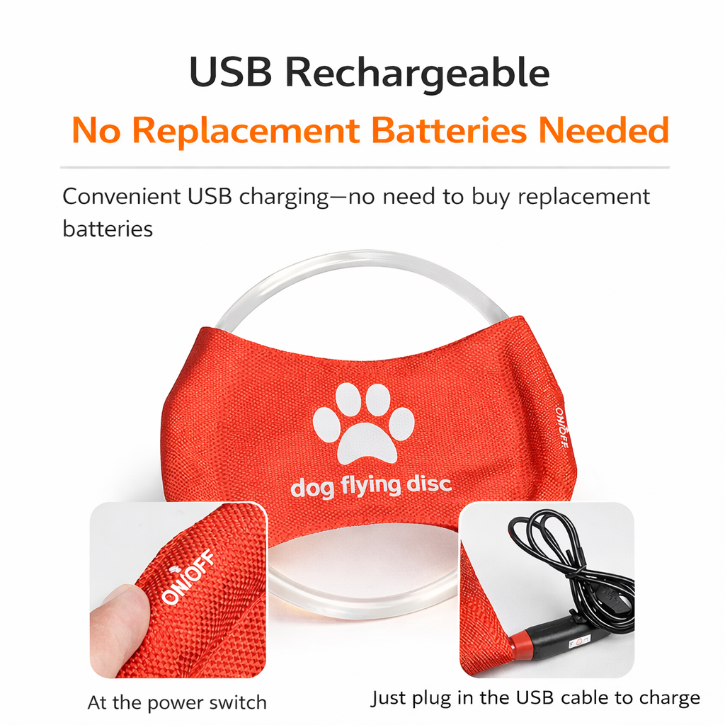 Red dog flying disc with USB charging cable and text highlighting USB rechargeability.