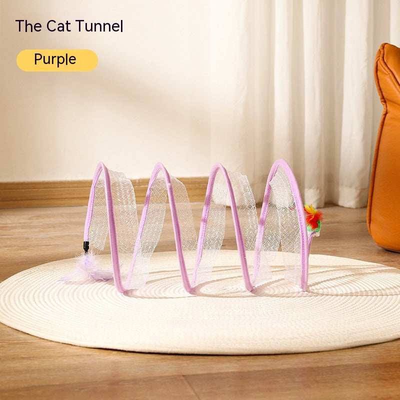 Folded cat tunnel toy displayed from top angle showing tunnel openings