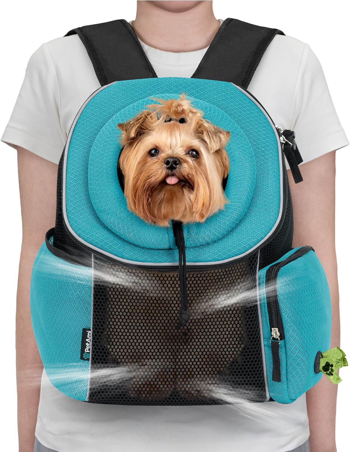 Dog carrier backpack shown from side angle with strap details
